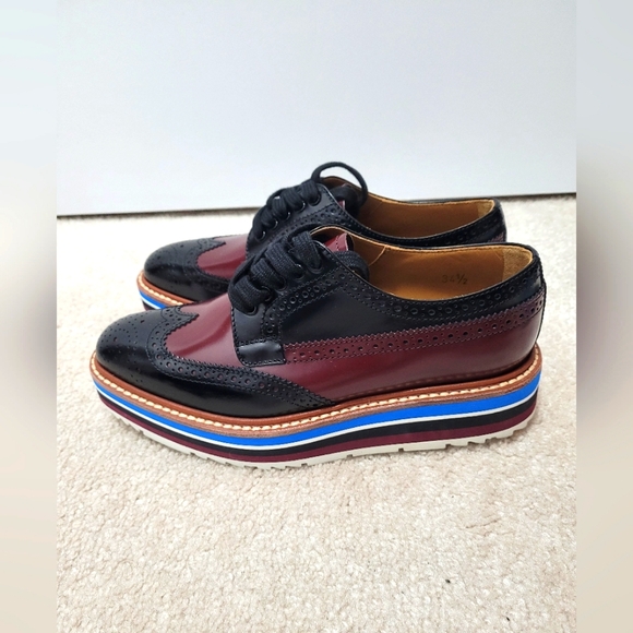 Prada Burgundy Black Platform Brogue Trim Oxford, size EUR 34.5, US 4.5 - Picture 1 of 8